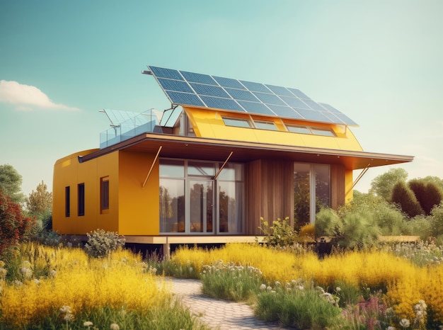 Modernes gelbes Haus mit Garten und Sonnenkollektoren auf dem Dach vor blauem Himmel