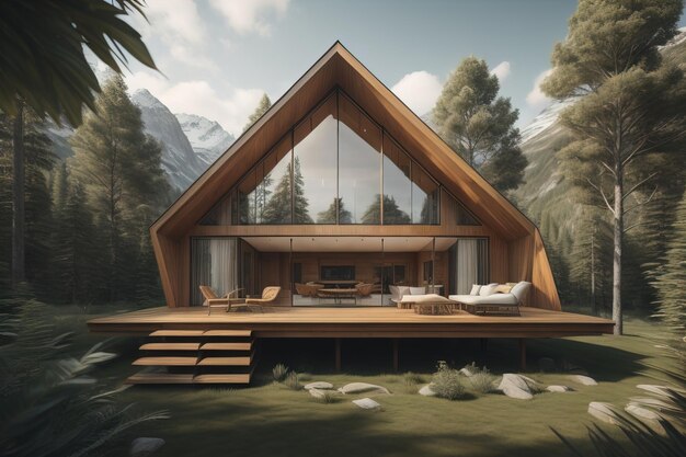 modernes gemütliches Chalet mit Pool und Parkplatz zum Verkauf oder Mieten Luxushaus im Wald ai generative