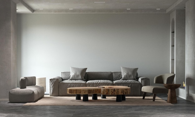 Modernes gemütliches Interieur des Wohnzimmers mit grauem Sofa und Holztisch auf leerem weißen Wandhintergrund