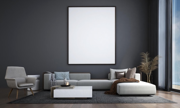 Modernes gemütliches Interieur des Wohnzimmers mit Sofa-Set und leerer schwarzer Wand-Hintergrund