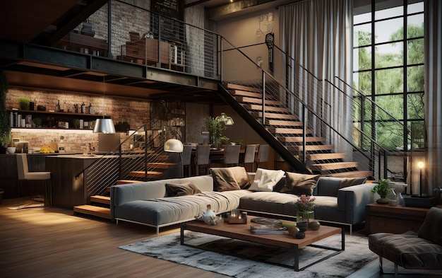 Modernes gemütliches Interieur mit Treppe im Loft-Stil