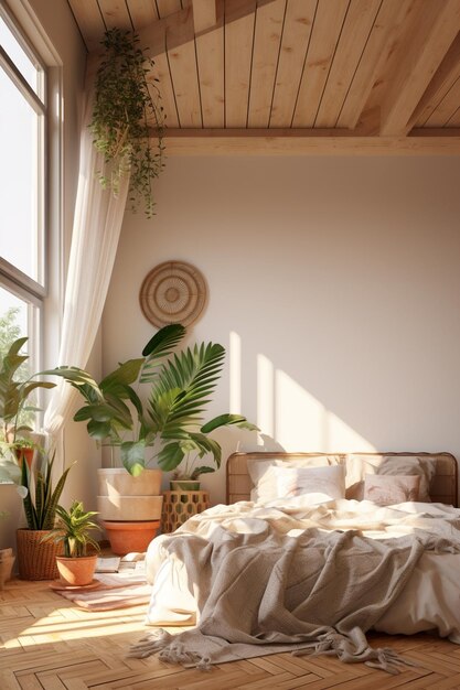 Modernes gemütliches Schlafzimmer mit einem großen Bettfenster und Blumen Skandinavisches Interieur