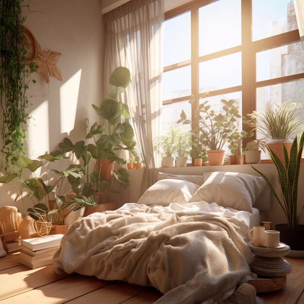Foto modernes gemütliches schlafzimmer mit einem großen bettfenster und blumen skandinavisches interieur