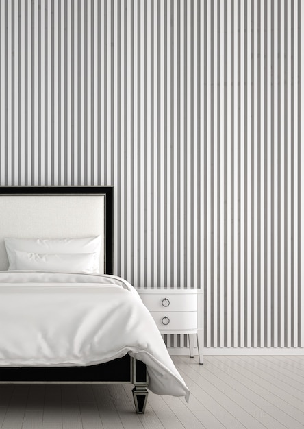Modernes gemütliches Schlafzimmer und Innenarchitektur der weißen Musterwandbeschaffenheit