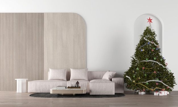 Modernes gemütliches schönes Wohnzimmerinnendesign und Weihnachtsbaum
