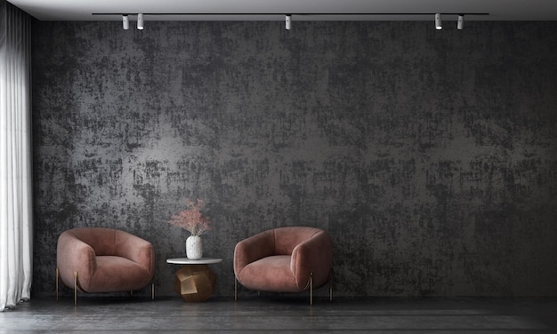 Modernes gemütliches Wohnzimmer und schwarze Betonwand Textur Hintergrund Innenarchitektur 3D-Rendering