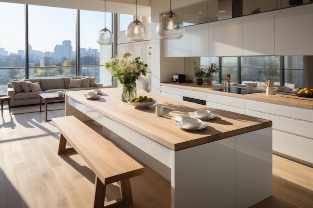 Modernes, geräumiges Küchen-Interior mit eleganter Dekoration