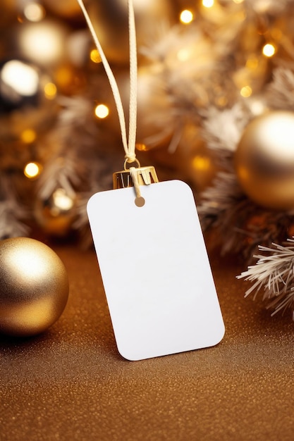 Modernes Geschenk-Tag für Weihnachten Mockup auf goldenem Hintergrund