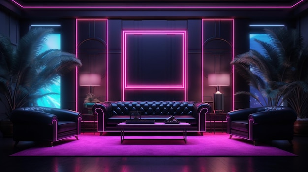 Modernes, glamouröses Wohnzimmer-Schwarzmetall-Neon-LED-Bild AI-generierte Kunst