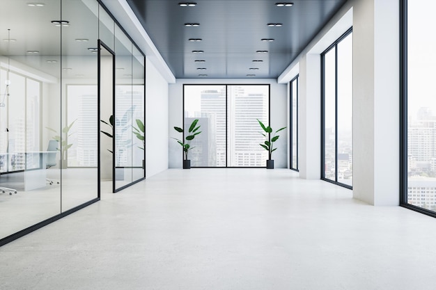 Modernes Glas-Büro-Korridor-Interieur mit Betonbodenfenster mit Stadtblick und Reflexionen 3D-Rendering