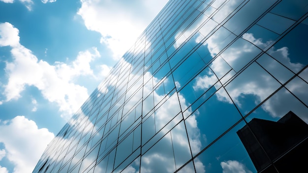 Modernes Glasgebäude mit blauem Himmel und Wolkenreflexion