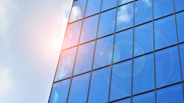 Modernes Glasgebäude mit blauem Himmelshintergrund. Ansicht und Architekturdetails. Urbane Zusammenfassung