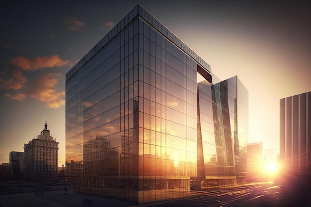 Modernes Glasgebäude mit Blick auf das geschäftige Stadtbild bei Sonnenuntergang