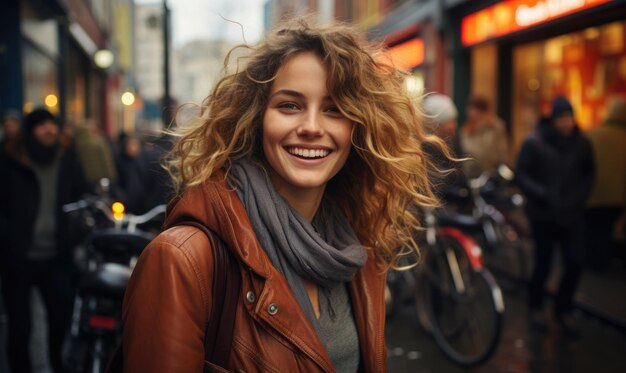 Modernes glückliches Frauenfoto auf der Straße