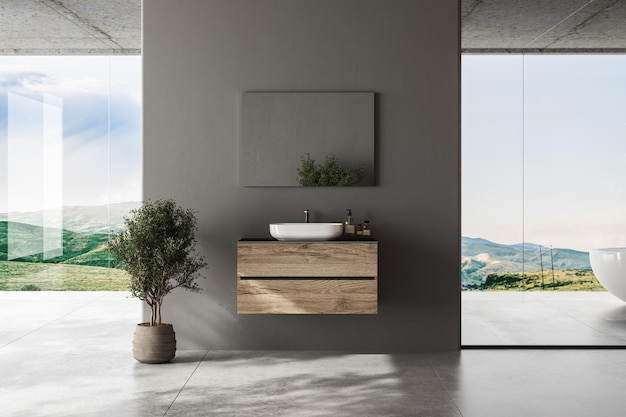 Modernes graues Badezimmer mit Panoramafenster aus Betonboden und dunkler Wand mit Stadtblick. Machen