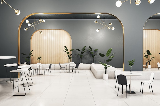 Modernes graues Cafeteria- oder Restaurant-Interieur mit Möbeln und Dekor entwirft Konzept 3D-Rendering