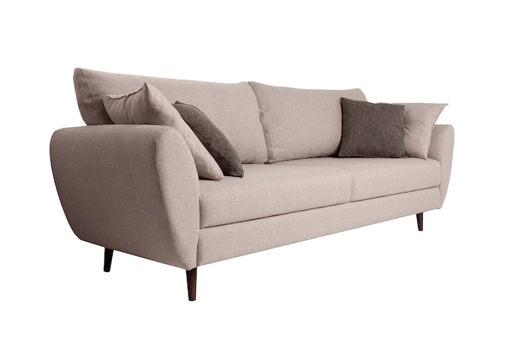 Foto modernes graues gewebesofa mit den kissen lokalisiert auf weiß.