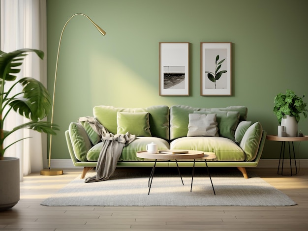 Modernes grünes Wohnzimmer mit einem frischen AI Generative-Feeling