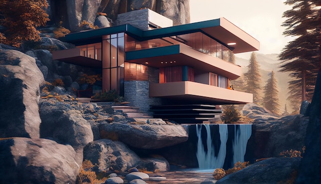 Modernes Haus Außenansicht einer modernen Luxusvilla in einer Naturlandschaft Generative KI