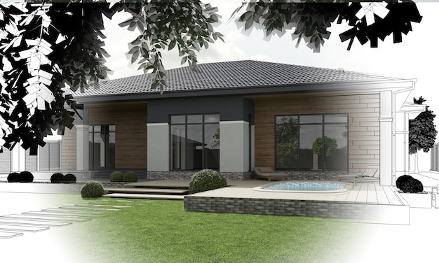 Modernes Haus Cottage Außenansicht 3D-Darstellung 3D-Render