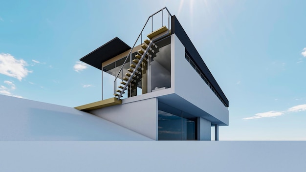 Modernes Haus gegen den blauen Himmel. 3D-Darstellung.
