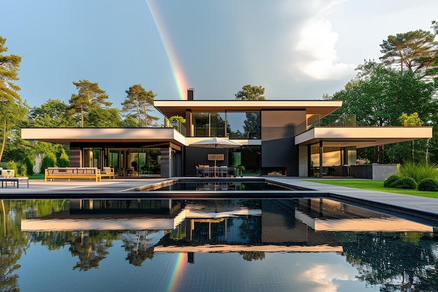 Modernes Haus im Wald mit Pool und Regenbogenreflexion
