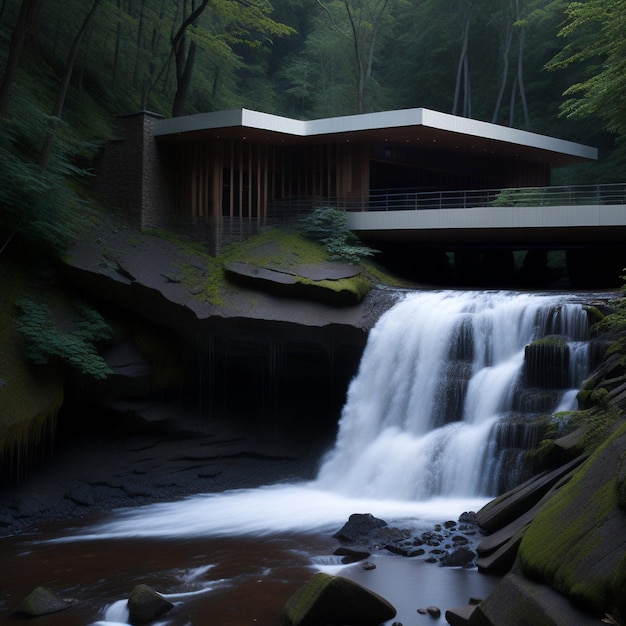 Modernes Haus in der Nähe von Wasserfall