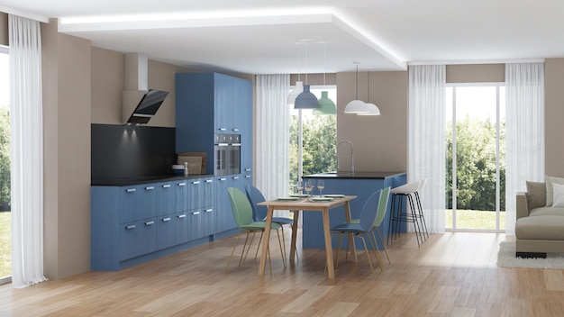 Modernes Haus Interieur. Blaue Küche. 3D-Rendering.