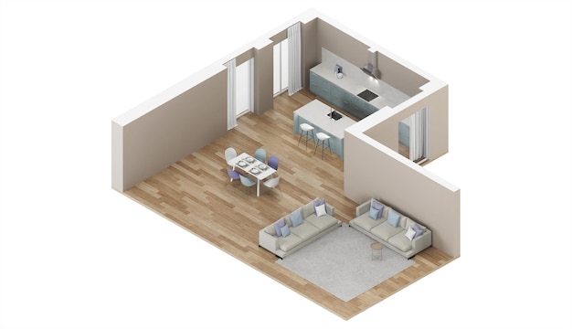 Modernes Haus Interieur. Blaue Küche. Orthogonale Projektion. 3D-Rendering.
