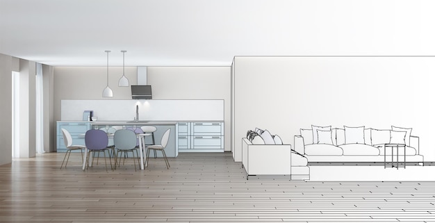 Modernes Haus Interieur. Designprojekt. Skizzieren. 3D-Rendering.