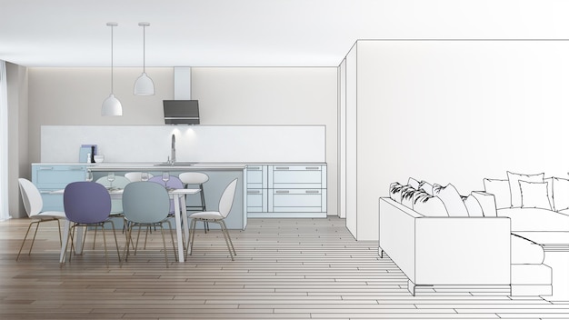 Modernes Haus Interieur. Designprojekt. Skizzieren. 3D-Rendering.