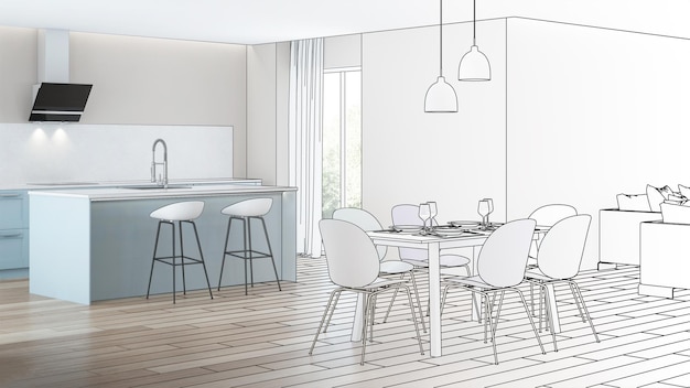 Modernes Haus Interieur. Designprojekt. Skizzieren. 3D-Rendering.