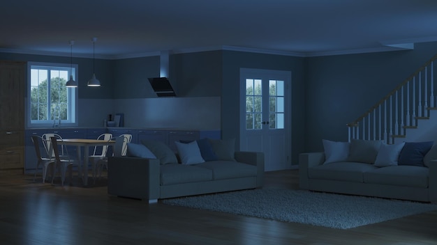 Modernes Haus Interieur. Nacht. Abendbeleuchtung. 3D-Rendering.