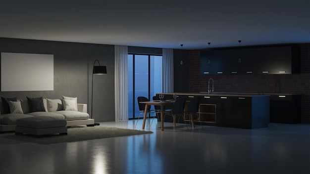 Modernes Haus Interieur. Nacht. Abendbeleuchtung. 3D-Rendering.