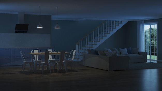 Modernes Haus Interieur. Nacht. Abendbeleuchtung. 3D-Rendering.