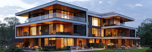 Modernes Haus mit beleuchteten Fenstern in der Dämmerung