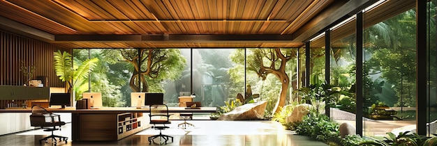 Modernes Haus mit Blick auf die Natur Stilvolles Wohnzimmer mit großen Fenstern und Grün an der Außenseite