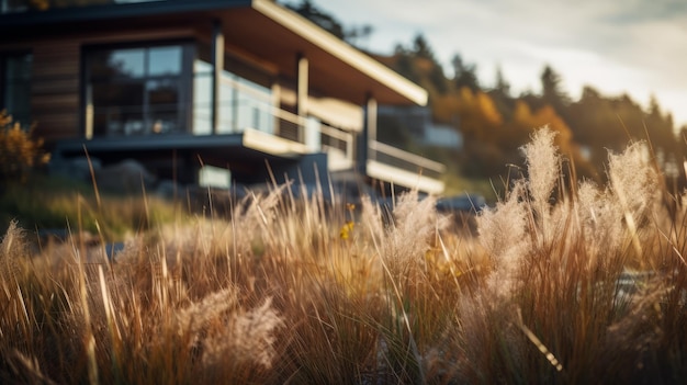 Modernes Haus mit hohem Gras und detaillierter Aussicht auf das Meer