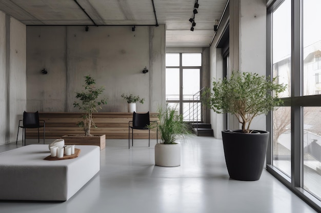 Modernes Haus mit minimalistischer Inneneinrichtung und industriellen Akzenten. Blumentopf aus Beton als Herzstück