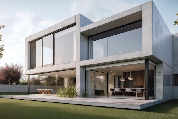 Modernes Haus mit minimalistischer Ästhetik, eleganten Betonwänden und Glasfenstern