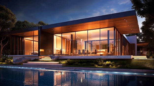 Modernes Haus mit Pool und Terrasse bei Nacht mit generativer Klimaanlage