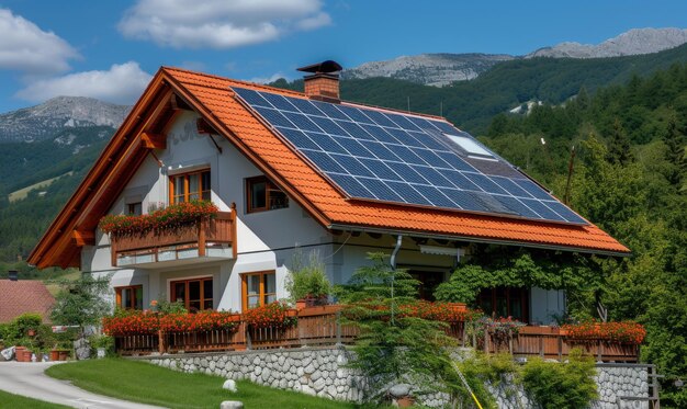 Modernes Haus mit Solarpanelen auf dem Dach und Bergen im Hintergrund