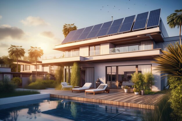 Modernes Haus mit Solarpanelen und Pool beim Sonnenuntergang