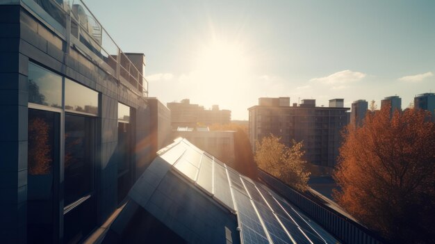 Modernes Haus mit Sonnenkollektoren auf dem Dach mit Sonnenuntergang im Hintergrund Generative KI