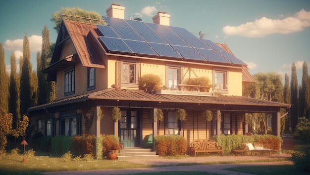 Modernes Haus mit Sonnenkollektoren auf dem Dach Nachhaltige und saubere Energie zu Hause Generative KI