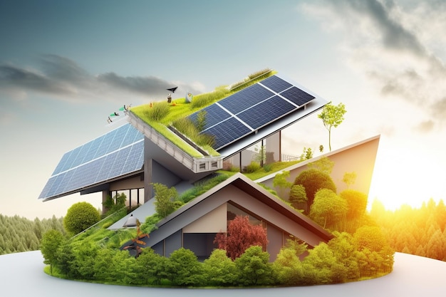 Modernes Haus mit Sonnenkollektoren und Photovoltaikanlagen