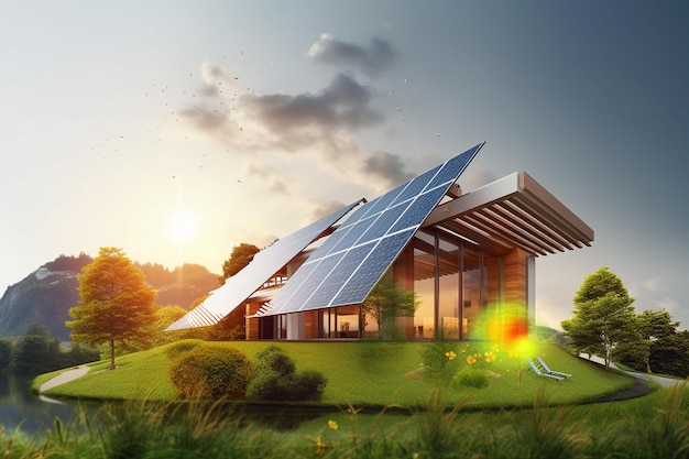Modernes Haus mit Sonnenkollektoren und Photovoltaikanlagen