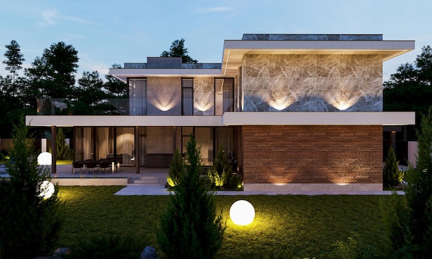 Modernes Haus mit Terrasse und Swimmingpool. 3D-Visualisierung. Haus im modernen Stil. Einzigartiger Archit
