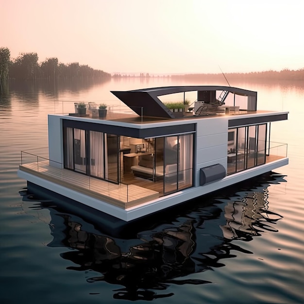 Modernes Hausboot Haus auf dem Wasser See Haus Boot Hausboot Wasser Hotel Generative KI-Illustration