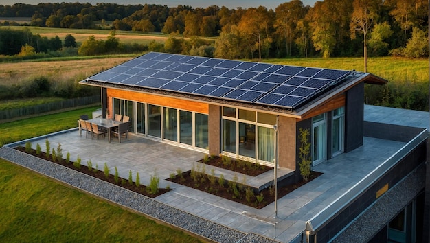 modernes Hausgebäude mit Solarpanelen und Wärmepumpe